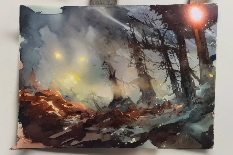 Image similar to small centered on watercolor paper, paint brush strokes, abstract watercolor painting of copper night sky over ancient silver forest, cinematic light, national romanticism by hans dahl, by jesper ejsing, by anders zorn, by greg rutkowski, by greg manchess, by tyler edlin, by craig mullins