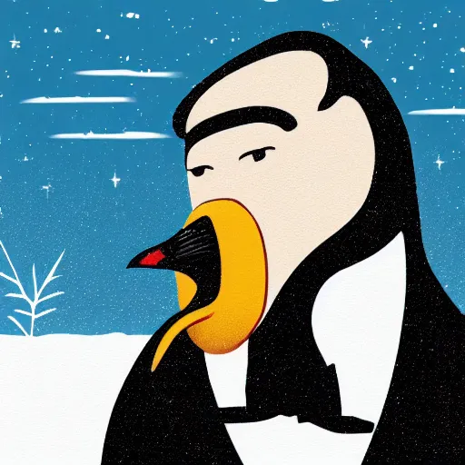 Prompt: man in a suit wearing a mask of an emperor penguin, illustration