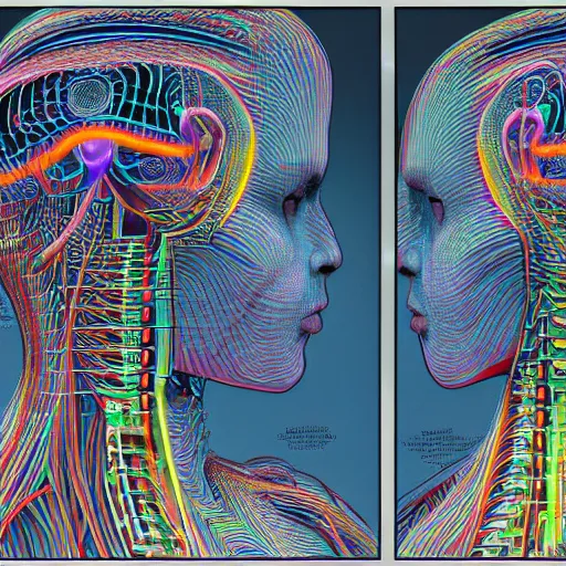Image similar to a human/computer system, a side-view of a person sitting on their desk programming by Alex Grey, highly detailed, 8K