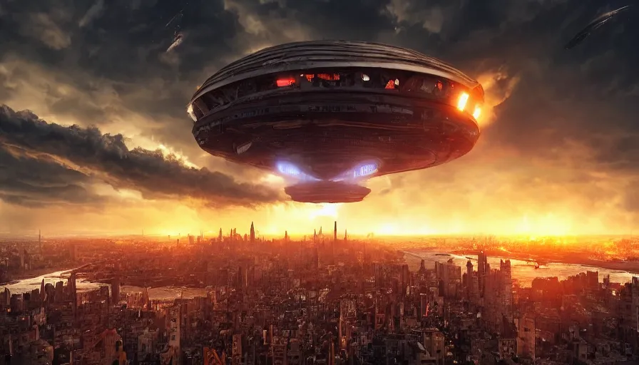 Prompt: humongous ufo upon destroyed new - york city, sky on fire, demolition, hyperdetailed, artstation, cgsociety, 8 k