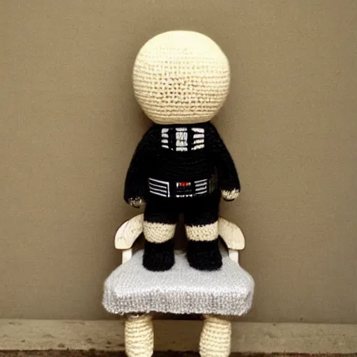 Image similar to knitted doll dart vader sitting on a chair, lethal preservation, proportions, high quality, realism, foreground focus,