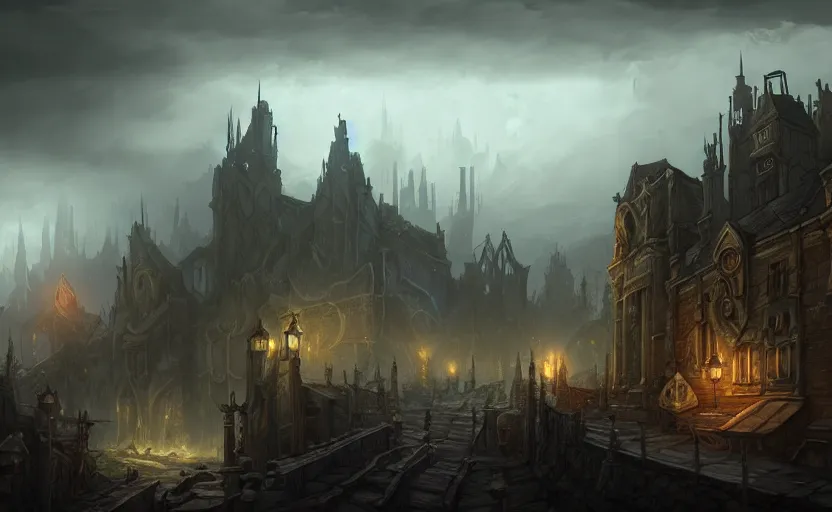 Image similar to extreme long shot concept art depicted old english majestic town, dramatic mood, overcast mood, dark fantasy environment, dieselpunk, art from legends of runeterra, art from league of legends, art from arcane, trending on artstation, unreal engine, golden ratio, spectacular composition