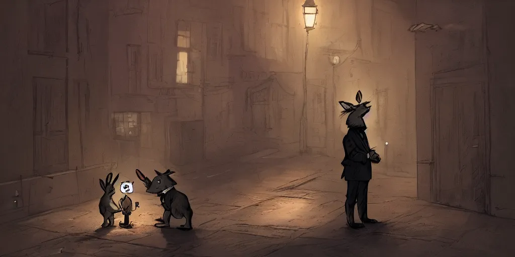Image similar to rabbit wearing a tie is talking to a well dressed raccoon in a dark alley, warm color palette, night time, dramatic lighting, noir film, character sheet, fine details, high contrast, blacksad, kim jung gi, greg rutkowski, trending on artstation, 8 k, front view, back view, ultra wide angle