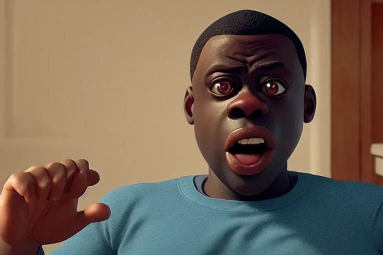 Prompt: get out ( 2 0 1 7 ), chris is being hypnotized, tears on his face, mouth slightly agape, daniel kaluuya, arms down, medium portrait shot, pixar disney style, pixar studios, animated, cgstation, octane render, film still, best animation, visual effects