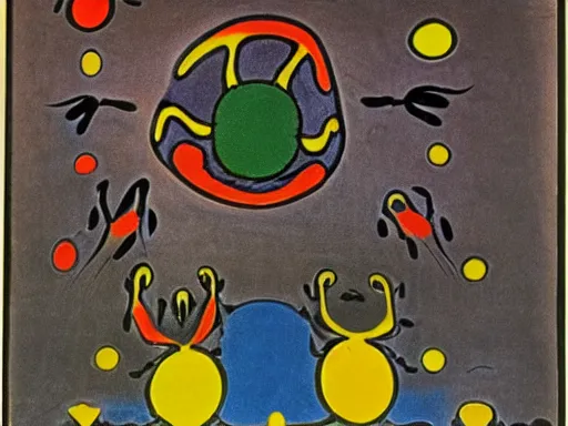 Prompt: line drawing of strange beings in a temple, Joan Miro