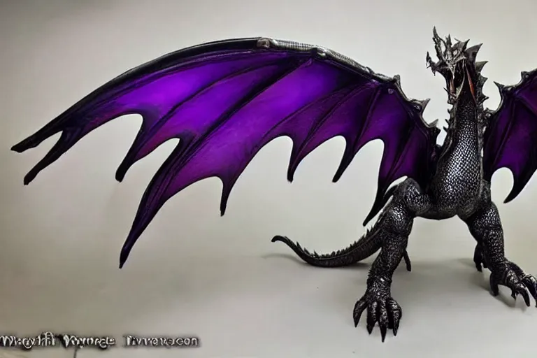 Prompt: 128 foot tall silver western style dragon that has purple accents, 360 foot wingspan, and jagged yet smooth plated scales