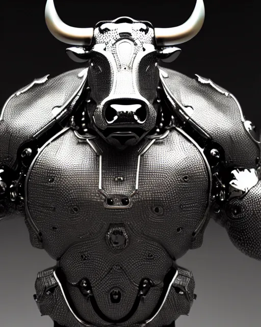Prompt: a full body shot of an imposing shiny cyborg bull modeled after a bull looking into the camera, black skin!!!, intricate pattern, hard rubber chest, highly detailed, android, cyborg, full body shot, intricate, 3 d, symmetrical, octane render, fantasy, highly detailed, digital art, artstation, strong bokeh