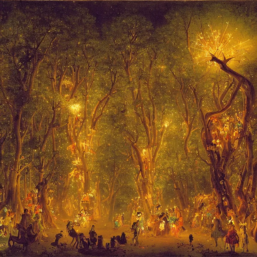 Image similar to a night carnival around a magical tree cavity, with a surreal orange moonlight and fireworks in the background, next to a lake with iridiscent water, christmas lights, folklore animals and people disguised as fantastic creatures in a magical forest by summer night, masterpiece painted by carl spitzweg, dark night environment