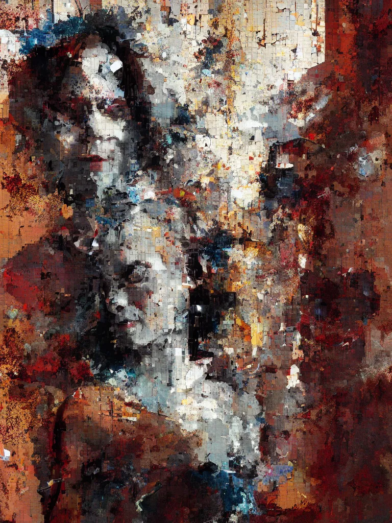 Image similar to a beautiful glitched painting by robert proch of a woman in a glitched bathroom, metal rust and plaster materials, pixel sorting, color bleeding, brushstrokes by jeremy mann, still life, dark colors