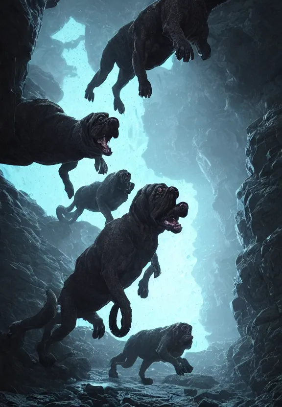 Prompt: three lovecraftian rabies mastiffs attacking inside a claustrophobic dark blue canyon of stone, foaming at the mouth, like ink in water, monsters, digital art, greg rutkowski, unreal engine, octane render, cinematic lighting, highly detailed