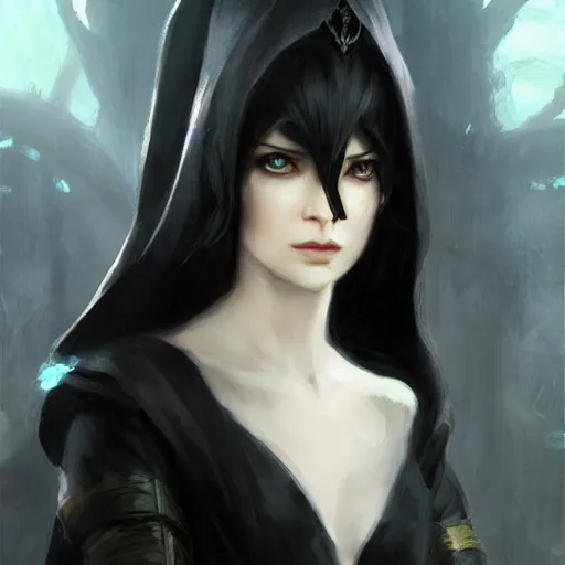 Prompt: a female shadowy elf in dark robes, black dress, wavy black bob hair bangs, dnd character art portrait, by ruan jia