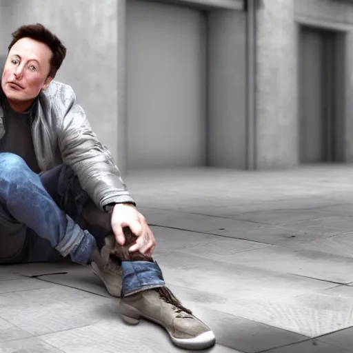 Image similar to portrait of elon musk as a homeless person, ultra realistic photography, highly detailed, photorealistic, octane render, 8 k, unreal engine