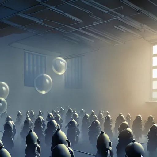 Image similar to digital painting of a ninja robot in a room full of birthday baloons , concept art, by Ralph mcquarrie, sunlight pouring through window, huge scale, high detail, futuristic, godrays, volumetric lighting, warm lighting