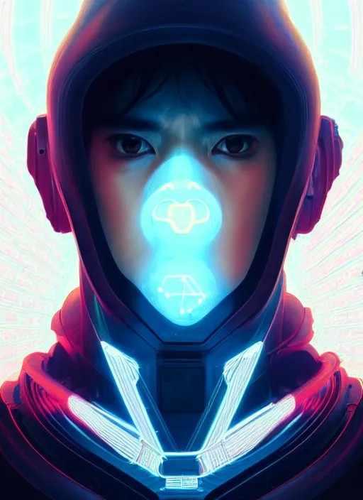 Image similar to symmetry!! portrait of japanese man, tech wear, glowing lights!! intricate, cyberpunk, elegant, highly detailed, digital painting, artstation, concept art, smooth, sharp focus, illustration, art by artgerm and greg rutkowski and alphonse mucha