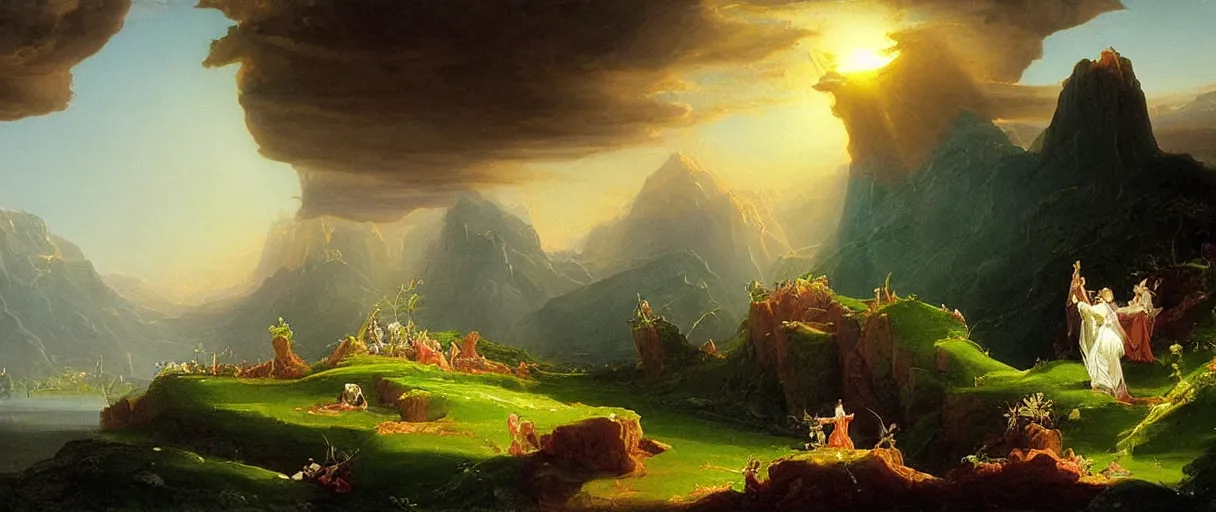 Image similar to what were we doing when we unchained this earth from its sun? whither is it moving now? whither are we moving? away from all suns? are we not plunging continually? backward, sideward, forward, in all directions?, in the style of an awe - inspiring thomas cole oil painting on canvas