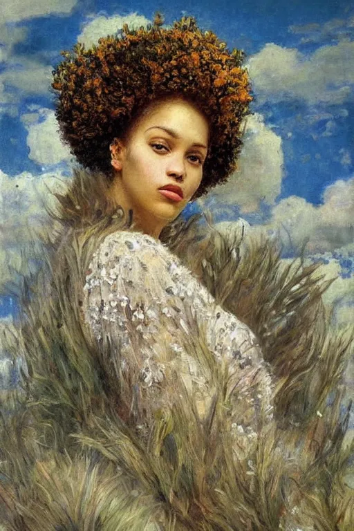 Image similar to close - up fashion afro woman portrait airy flowers cloudy sky art by vasnetsov