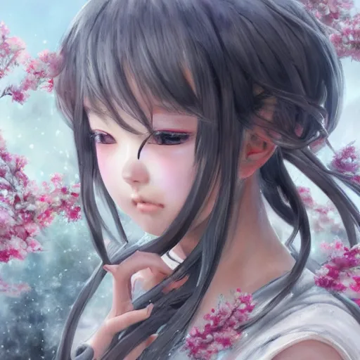 Image similar to dynamic composition, motion, ultra-detailed, incredibly detailed, a lot of details, amazing fine details and brush strokes, colorful and grayish palette, smooth, HD semirealistic anime CG concept art digital painting, watercolor oil painting of a young C-Pop idol girl, by a Chinese artist at ArtStation, by Huang Guangjian, Fenghua Zhong, Ruan Jia, Xin Jin and Wei Chang. Realistic artwork of a Chinese videogame, gradients, gentle an harmonic grayish colors.