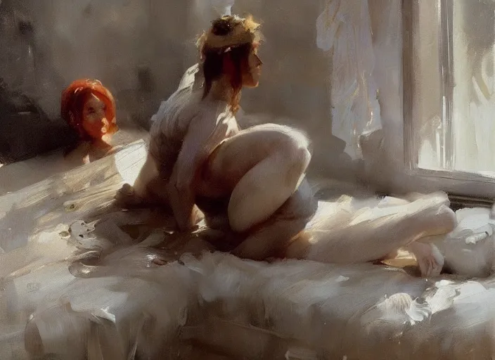 Image similar to oil painting of woman diaper, art by anders zorn, wonderful masterpiece by greg rutkowski, beautiful cinematic light, american romanticism by greg manchess, jessica rossier