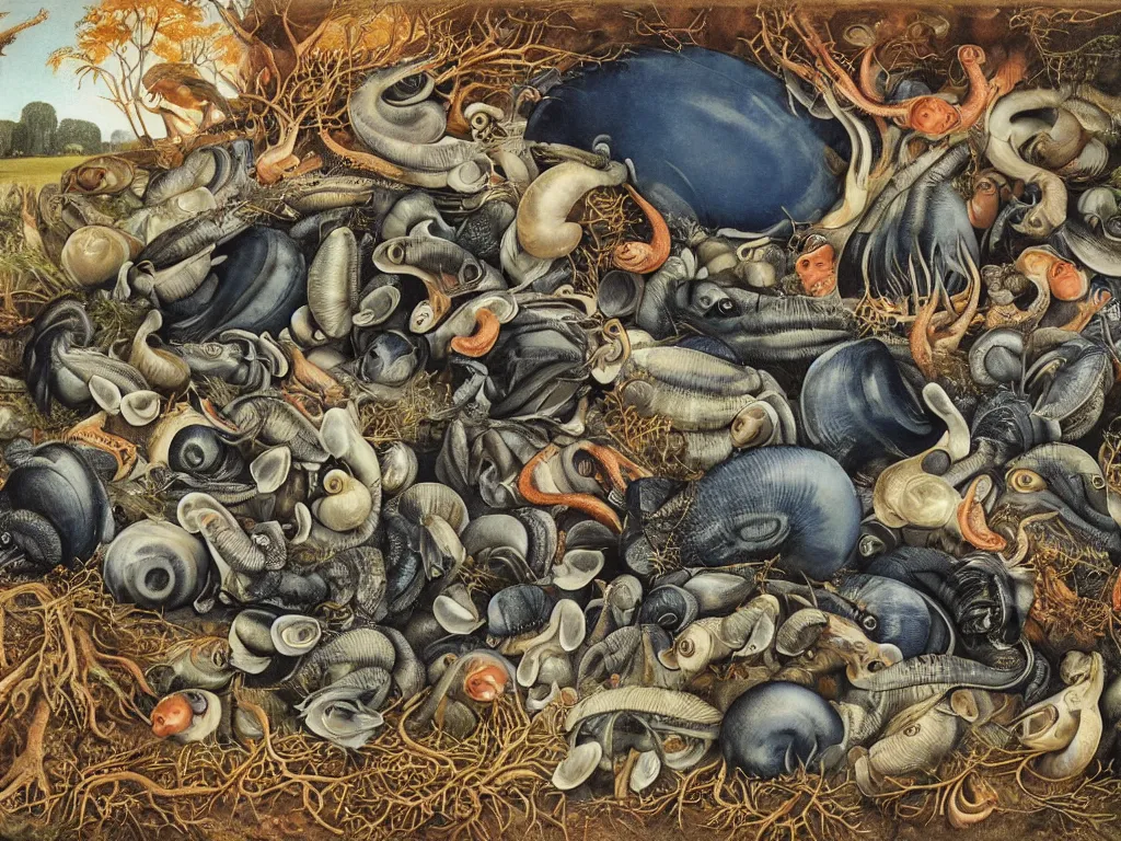 Prompt: The mollusks are reproducing. Long blue eyes. The human metropolis falls and crumbles, Autumn light, harsh. Painting by Walton Ford, Lucas Cranach, Otto Dix