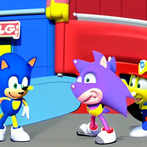 Prompt: sonic, peppa pig and the paw patrol crossover episode, cartoon network stillframe, good looking, hd, 4 k, hdr, smooth, sharp focus, high resolution, award - winning