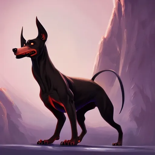 Image similar to an antropomorphic doberman creature, black hair, human body, angry look, ready for battle, masterpiece, mattepainting concept blizzard pixar maya engine on cold night stylized background splash comics global illumination lighting artstation lois van baarle, ilya kuvshinov, rossdraws