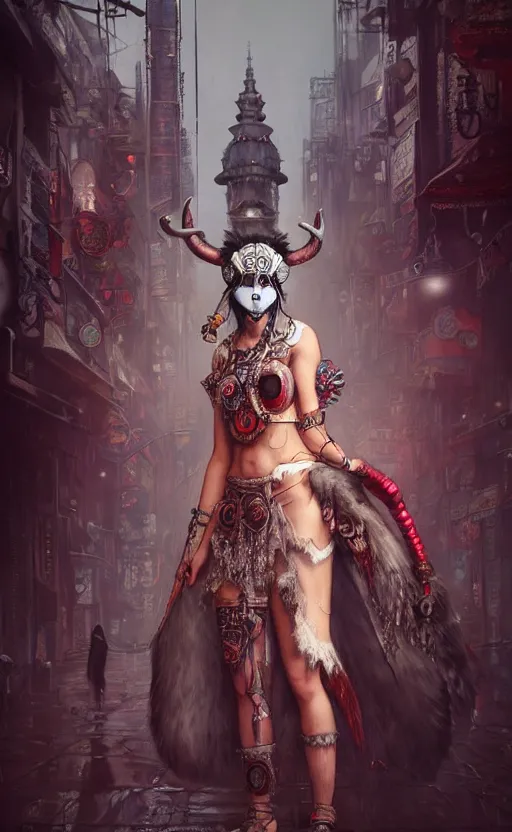 Prompt: hyper realistic Princess Mononoke ornate mask, wet market street, cyberpunk metropolis, city landscape, jewels, full body pose, full moon, style of tom bagshaw, mucha, james gurney, norman rockwell, denoised, sharp