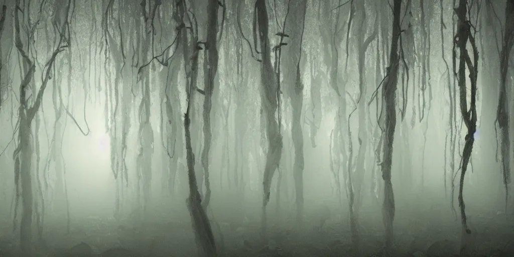 Image similar to a forest made of beautiful female human bodies, hidden behind torn cloth swirling violently, abstract cloth simulation, tattered fabric, rags, ragged, horror, scary, creepy, ephemeral, gradients, hyperdetailed, hyper realistic, Cozy, soft light, caustic, atmospheric fog, Octane Render, cinematic