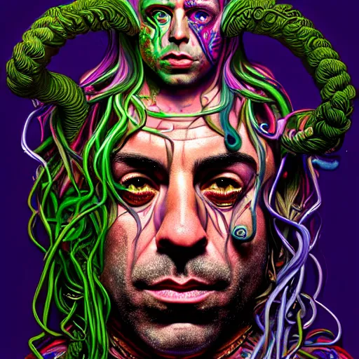 Prompt: an extremely psychedelic portrait of joe rogan as medusa, surreal, lsd, face, detailed, intricate, elegant, lithe, highly detailed, digital painting, artstation, concept art, smooth, sharp focus, illustration