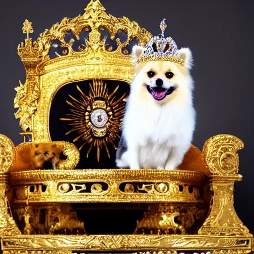 Image similar to a Pomeranian wearing a golden crown is sitting on the King's throne