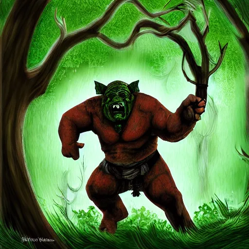 Image similar to An orc in a forest throwing a boar, digital art