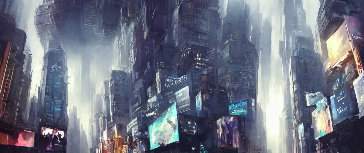Image similar to huge modern downtown city, billboards, Times Square, dark, concept art, digital painting, style of jordan grimmer, warm lighting, futuristic, volumetric lighting, view from below, daytime, godrays , high detail