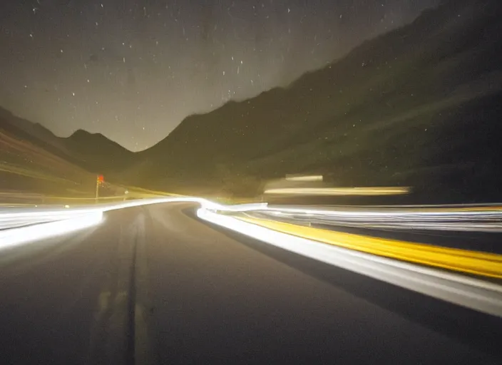 Prompt: a 2 8 mm macro photo of trailing streaked car lights on a winding mountain highway, long exposure at night, splash art, movie still, bokeh, canon 5 0 mm, cinematic lighting, dramatic, film, photography, golden hour, depth of field, award - winning, anamorphic lens flare, 8 k, hyper detailed, 3 5 mm film grain, hazy