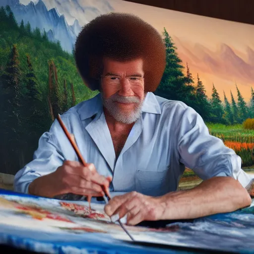 Image similar to a closeup photorealistic photograph of bob ross working on a canvas painting of superman. film still. brightly lit scene. mountains and trees. this 4 k hd image is trending on artstation, featured on behance, well - rendered, extra crisp, features intricate detail, epic composition and the style of unreal engine.