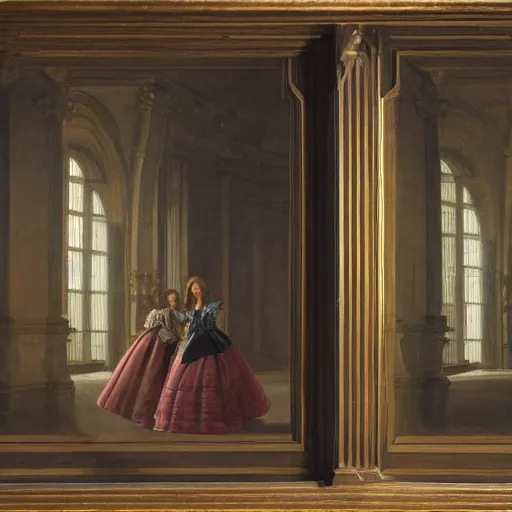 Image similar to oil on canvas painting no frame visible. two women in a vast castle lobby wearing fine clothes. dark room with light coming through the right side of the place. baroque style 1 6 5 6. high quality painting, no distortion on subject faces.