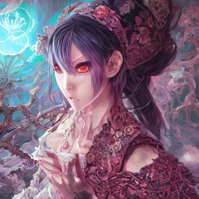 Image similar to the portrait of chaotic evil female necromancer as absurdly beautiful, gorgeous, elegant, sophisticated young anime girl, an ultrafine hyperdetailed illustration by kim jung gi, irakli nadar, intricate linework, bright colors, octopath traveler, final fantasy, unreal engine 5 highly rendered, global illumination, radiant light, detailed and intricate environment