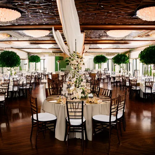 Image similar to walnut, gold, and white themed wedding reception