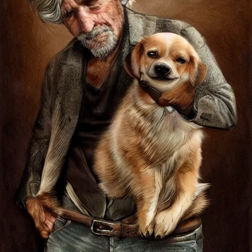 Prompt: portrait of a old, ruggedly handsome man holding a corgi dog, soft hair, muscular, full body, cloth, hairy, d & d, fantasy, intricate, elegant, highly detailed, digital painting, artstation, concept art, smooth, sharp focus, illustration, art by artgerm and greg rutkowski and alphonse mucha