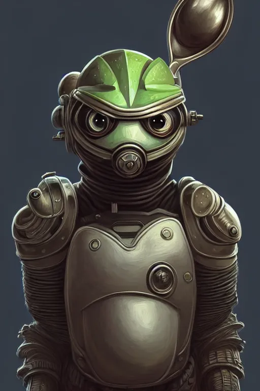 Image similar to Portrait of pepe with a spoon wearing futuristic power armor, fantasy, intricate, highly detailed, digital painting, trending on artstation, sharp focus, illustration, style of Stanley Artgerm and Greg Rutkowski and Dan Mumford