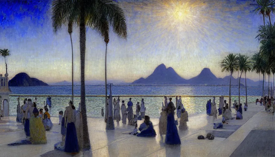 Prompt: a ultradetailed beautiful painting of the night sky of the rio de janeiro palace balustrade designed by jules bastien - lepage, tarsila do amaral, frank weston and gustave baumann, beach, trending on artstation, mediterranean, palm trees, sharp focus, giant greek columns, soft light, 8 k 4 k
