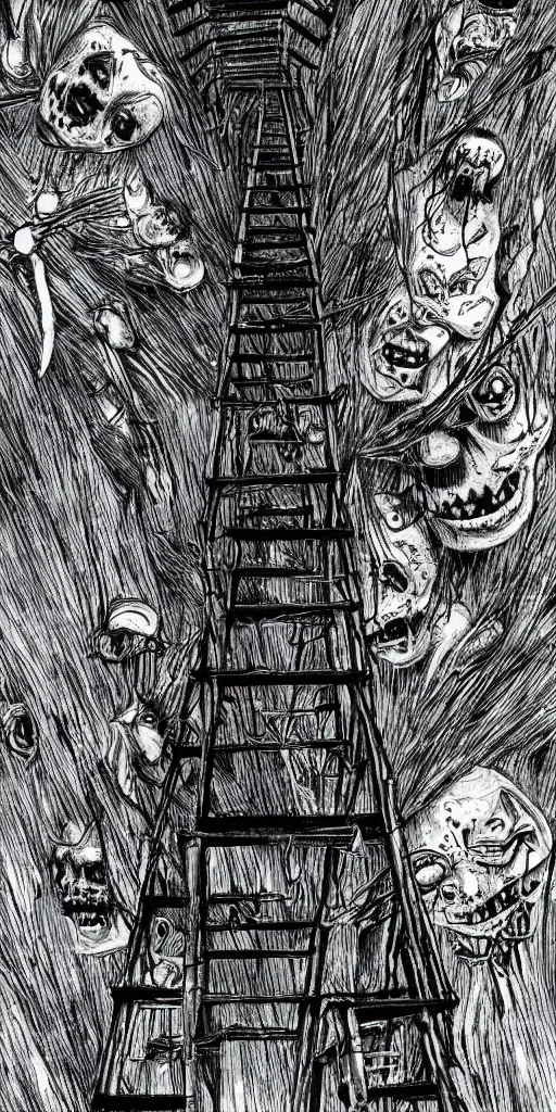Image similar to A ladder from top to bottom, horror, creepy, dark, manga, pencil, inspired by junji ito, superior quality, masterpiece