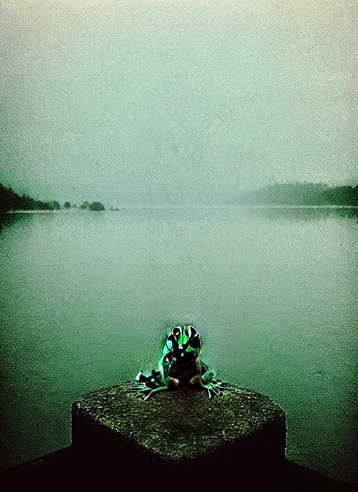 Image similar to “smiling frog vertically hovering above misty lake waters in jesus christ pose, low angle, long cinematic shot by Andrei Tarkovsky, paranormal, eerie, mystical”