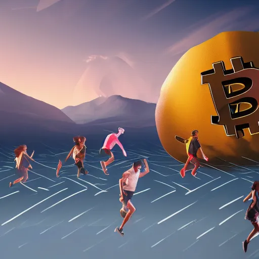 Image similar to landscape of people running away from a giant with bitcoin face, artstation, highly detailed, hyper-realistic, 8k