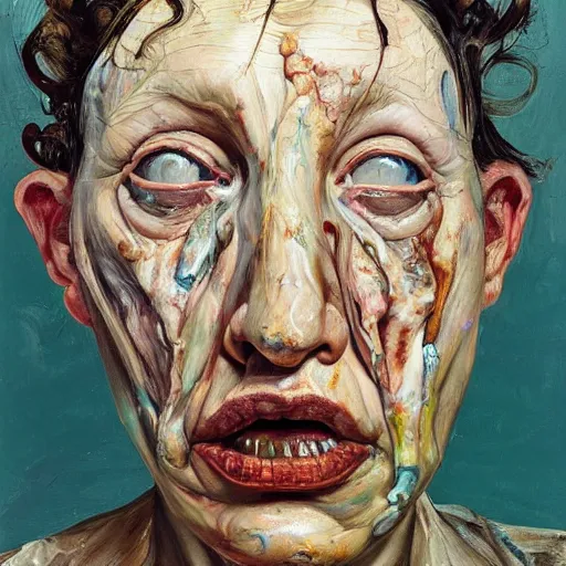 Image similar to high quality high detail painting by lucian freud and jenny saville, hd, crazy demonic witch, turquoise