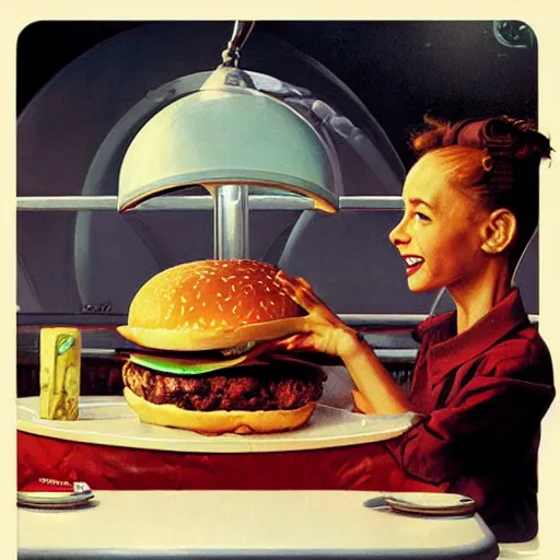 Prompt: beautiful cute alien, eating a cheeseburger, at a 5 0 s diner, painted by norman rockwell, greg rutkowski, john howe, wlop, artgerm