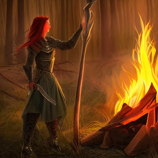 Image similar to malenia blade of miquella from elden ring near a camp fire, evening time, digital illustration, crisp details, highly detailed art, 8k image quality, full body camera shot