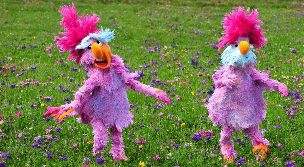 Image similar to wembley fraggle dancing on a flowery meadow