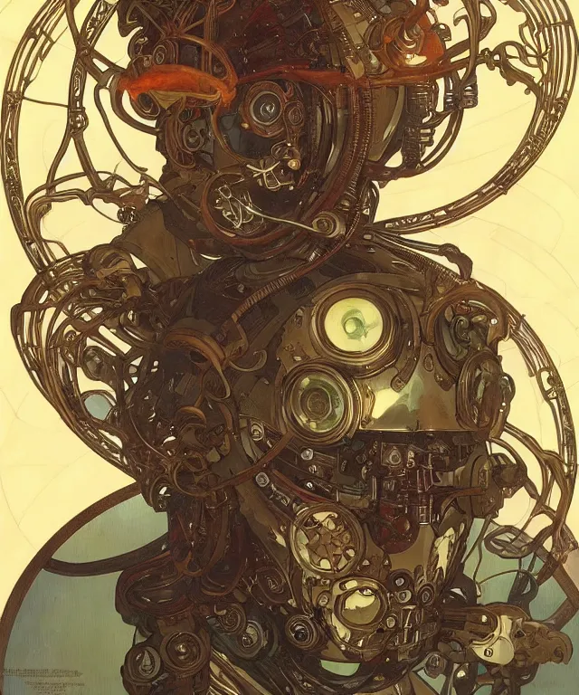 Prompt: realistic detailed portrait of a male! mecha cyberpunk! monk! by alphonse mucha and charlie bowater and art germ, rule of thirds, golden ratio, art nouveau! cyberpunk! style, mechanical accents!, mecha plate armor, glowing leds, flowing wires with leaves, art nouveau accents, art nouveau patterns and geometry, rich deep moody colors