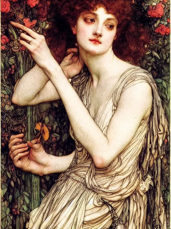 Prompt: Goddess. Extremely high detail, details, realistic, masterpiece, colorful. Portrait painting by Arthur Rackham, Eugene de Blaas, Frederic Leighton