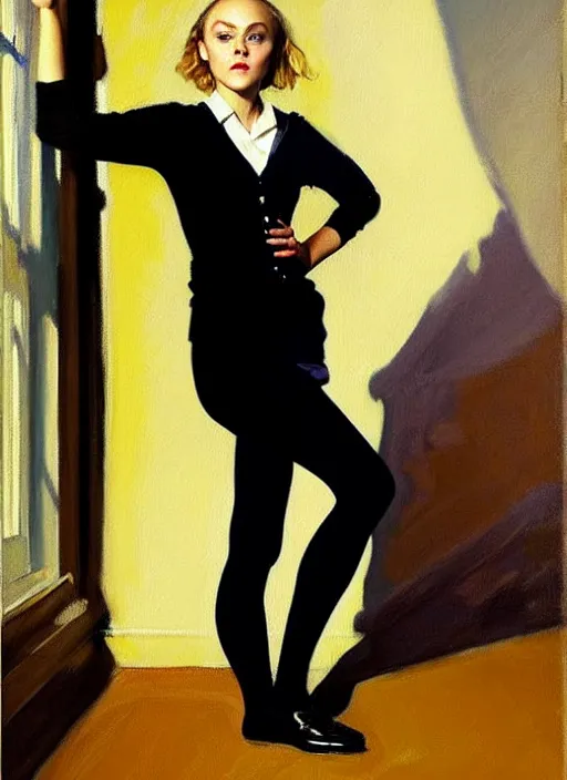 Image similar to oil painting of annasophia robb in a learning uniform, looking furious, startled, stockings, looking seductively attire by John Singer Sargent, Bryan Lee O'Malley, Edward Hopper
