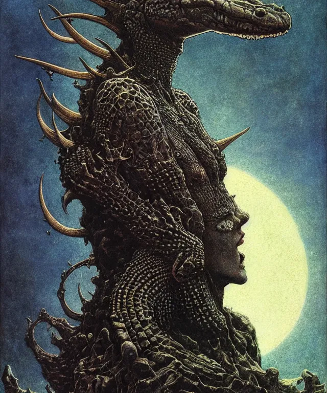 Image similar to A detailed horned crocodilewoman stands among the cosmos. Wearing a ripped mantle, robe. Perfect faces, extremely high details, realistic, fantasy art, solo, masterpiece, art by Zdzisław Beksiński, Arthur Rackham, Dariusz Zawadzki